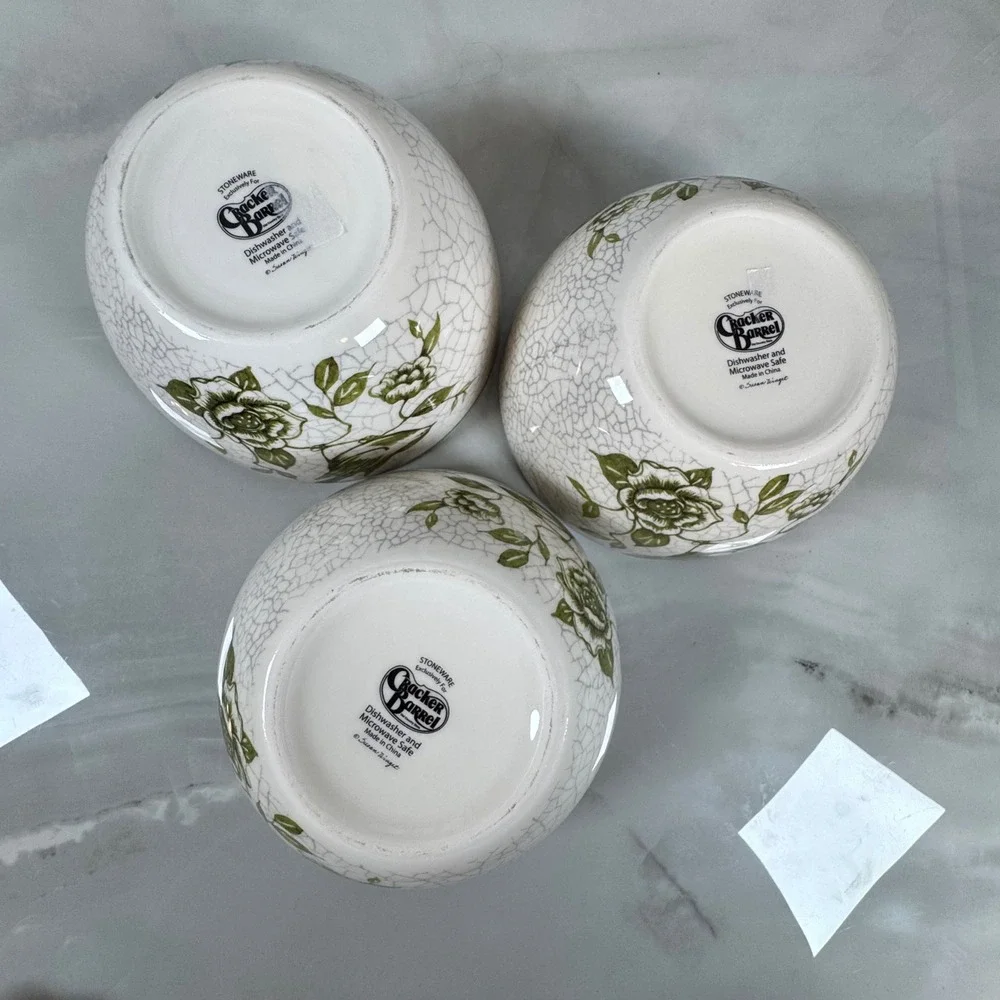 3 Cracker Barrel Susan Winget Garden Crackle‎ Cereal Soup Bowls White Green Bird